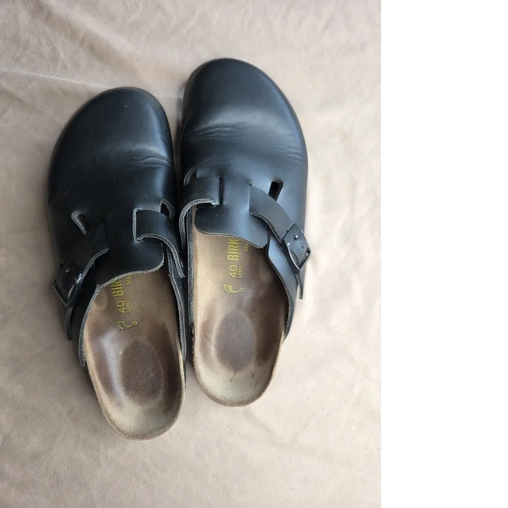 Men's Birkenstock Boston Black Leather Clog Sandals EU 40 Cork